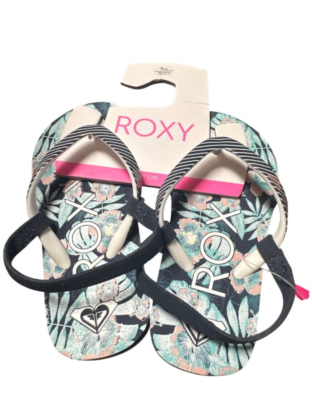 Roxy Size 9 Toddler Green Pink Black Tropical Print Sandals Elastic Beachwear